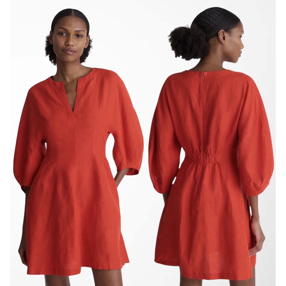 Madewell 100% Linen Regular Fit Splitneck Puff Sleeves Mini Dress Size 6 Coral